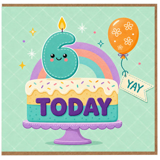 6th Birthday Card, Cute Cake and Balloon YAY Card
