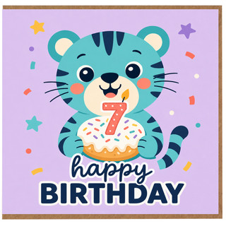 7th Birthday Card, Cute Tiger Happy Birthday Card