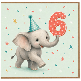 6th Birthday Card, Cute Elephant Party Card