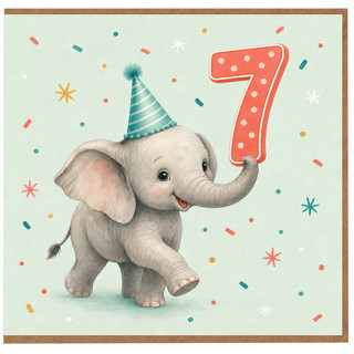 7th Birthday Card, Cute Elephant Party Card
