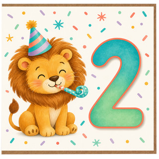 2nd Birthday Card, Cute Lion Party Design