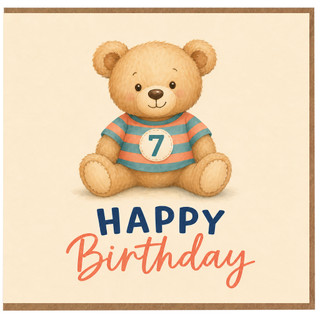 7th Birthday Card, Cute Teddy Bear Happy Birthday Card