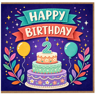 2nd Birthday Card, Happy Birthday Cake and Balloons