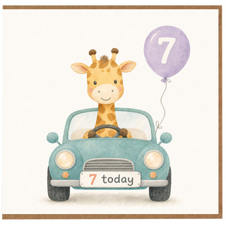 7th Birthday Card, Cute Giraffe Driving Car Card
