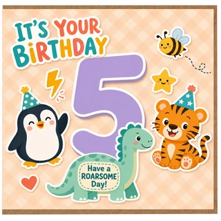 5th Birthday Card, Cute Animals Birthday Card