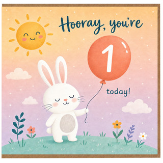 1st Birthday Card, Bunny Balloon Hooray You're 1 Today