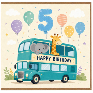 5th Birthday Card, Cute Animals Party Bus Happy Birthday Card