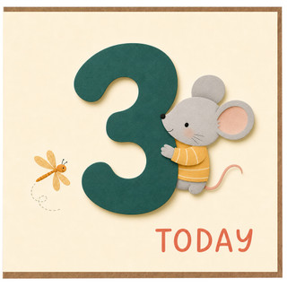 3rd Birthday Card, Cute Mouse and Dragonfly Design