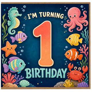 1st Birthday Card, Under the Sea Sea Creatures Birthday Card