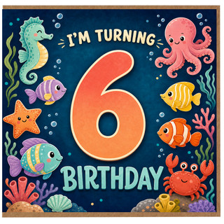 6th Birthday Card, Underwater Sea Creatures Birthday Card