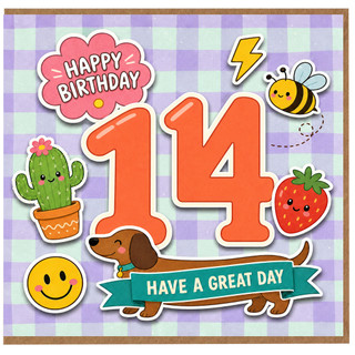 14th Birthday Card, Cute Cartoon Animals and Happy Birthday Design