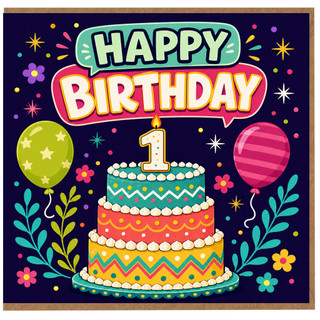 1st Birthday Card, Happy Birthday Cake and Balloons Card