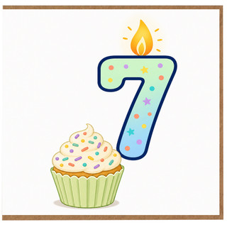 7th Birthday Card, - Colourful Candle and Cupcake Design