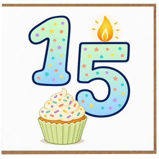 15th Birthday Card, with Candle and Cupcake Design