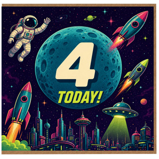 4th Birthday Card, Space Astronaut and Rocket Design