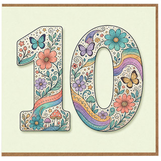 10th Birthday Card, Floral Butterfly Number 10 Card