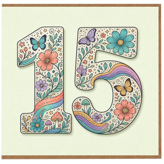 15th Birthday Card, Floral Butterfly Number 15 Card
