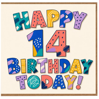 14th Birthday Card, - Colourful Typography Birthday Card