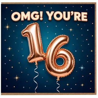 16th Birthday Card, OMG You’re 16 Rose Gold Balloon Design