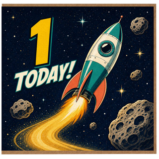 1st Birthday Card, Retro Rocket Ship Space Themed Card