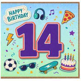 14th Birthday Card, Fun Music, Food and Sports Themed Teen Birthday Card