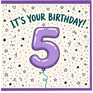 5th Birthday Card, It's Your Birthday, Purple Balloon Number 5 Design