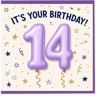 14th Birthday Card, It’s Your Birthday, Purple Balloon Number 14 Card