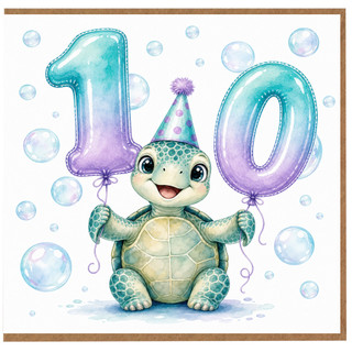 10th Birthday Card, Cute Turtle Balloon Card