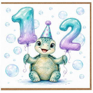 12th Birthday Card, Cute Turtle with Balloons and Party Hat