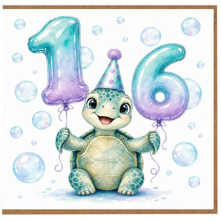 16th Birthday Card, Cute Turtle Party Card