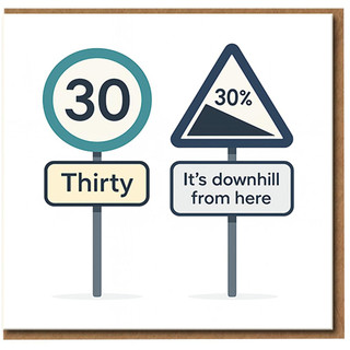 Funny 30th Birthday Card - Road Sign Design - 'It's Downhill From Here' - Thirty Age 30 Milestone Card for Him Her Friend