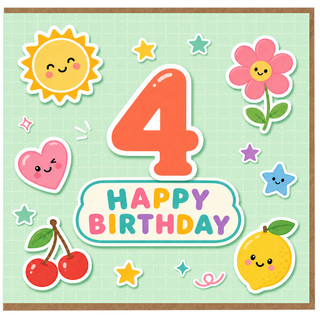 4th Birthday Card, Cute Happy Birthday Cartoon Sun Flower Heart and Fruit Design