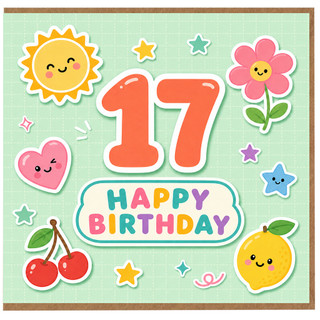 17th Birthday Card, Cute Happy Birthday Card with Fun Pastel Characters