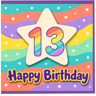 13th Birthday Card, Rainbow Star Happy Birthday Card