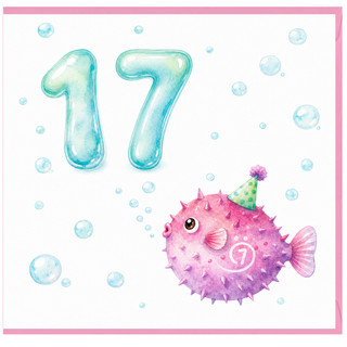 17th Birthday Card, Cute Puffer Fish Underwater Party Card