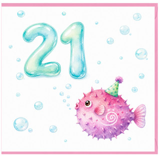21st Birthday Card, Cute Puffer Fish Party Card
