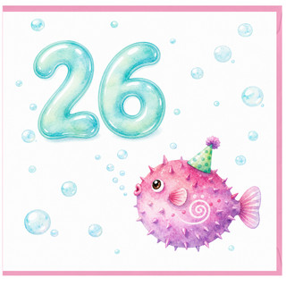 26th Birthday Card, Cute Puffer Fish Party Card