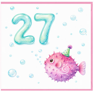 27th Birthday Card, Cute Pufferfish Party Card