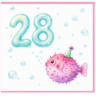 28th Birthday Card, Cute Underwater Puffer Fish Birthday Card
