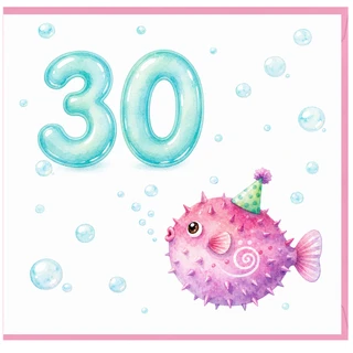 30th Birthday Card, Cute Pink Puffer Fish Party Design