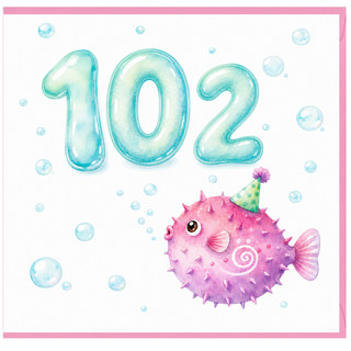 102nd Birthday Card, Cute Underwater Puffer Fish Card