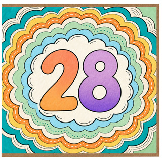 28th Birthday Card, Colourful Retro Number 28 Greeting Card