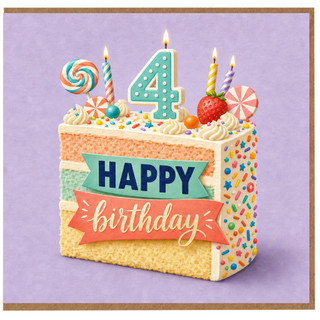 4th Birthday Card, Happy Birthday Cake Slice Design