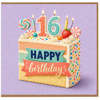 16th Birthday Card, - Happy Birthday Cake Design