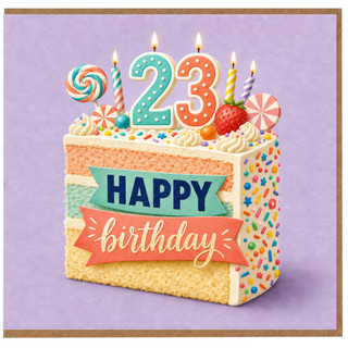 23rd Birthday Card, Happy Birthday Cake and Candles Design