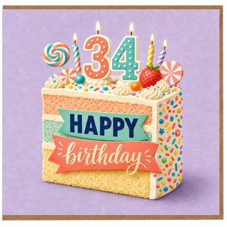 34th Birthday Card, Happy Birthday Cake Design
