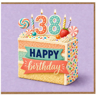 38th Birthday Card, Happy Birthday Cake Design Card