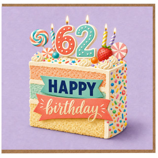 62nd Birthday Card, Happy Birthday Cake and Candles Design