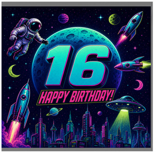 16th Birthday Card, Neon Space Astronaut Rocket Happy Birthday Card