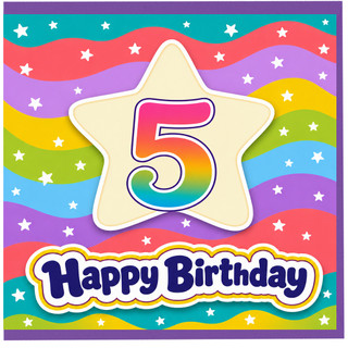 5th Birthday Card, Colourful Star and Rainbow Number 5 Happy Birthday Card